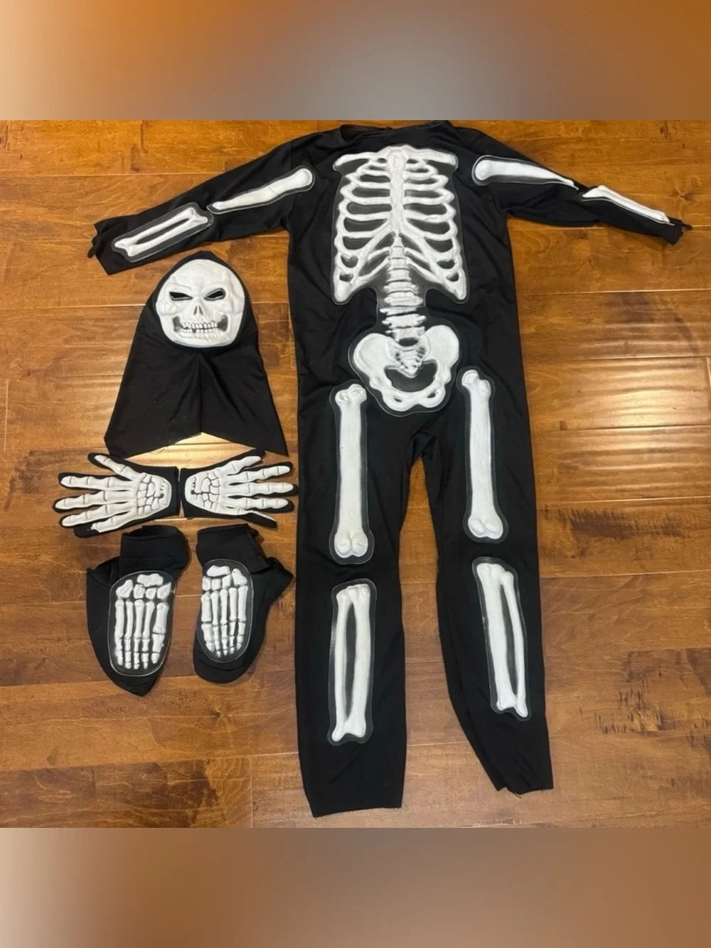 Skeleton costume, Halloween cake pan, cups, straws, cookie cutters & pencils